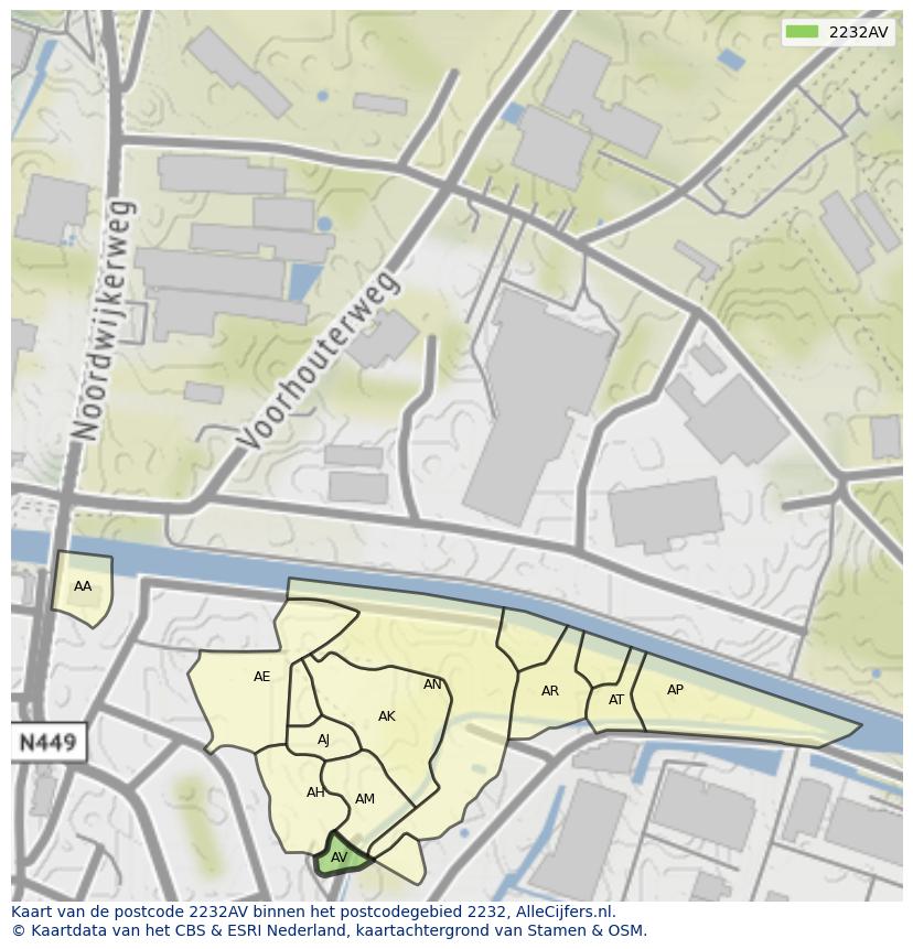 Afbeelding van het postcodegebied 2232 AV op de kaart.