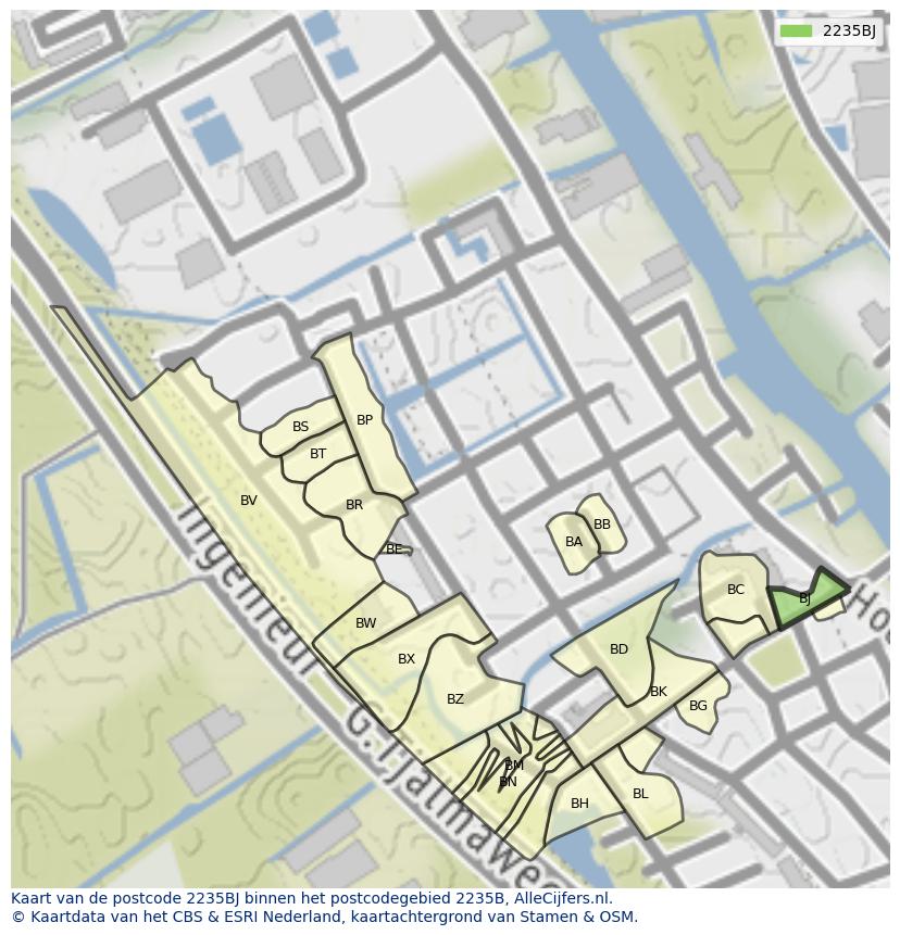 Afbeelding van het postcodegebied 2235 BJ op de kaart.