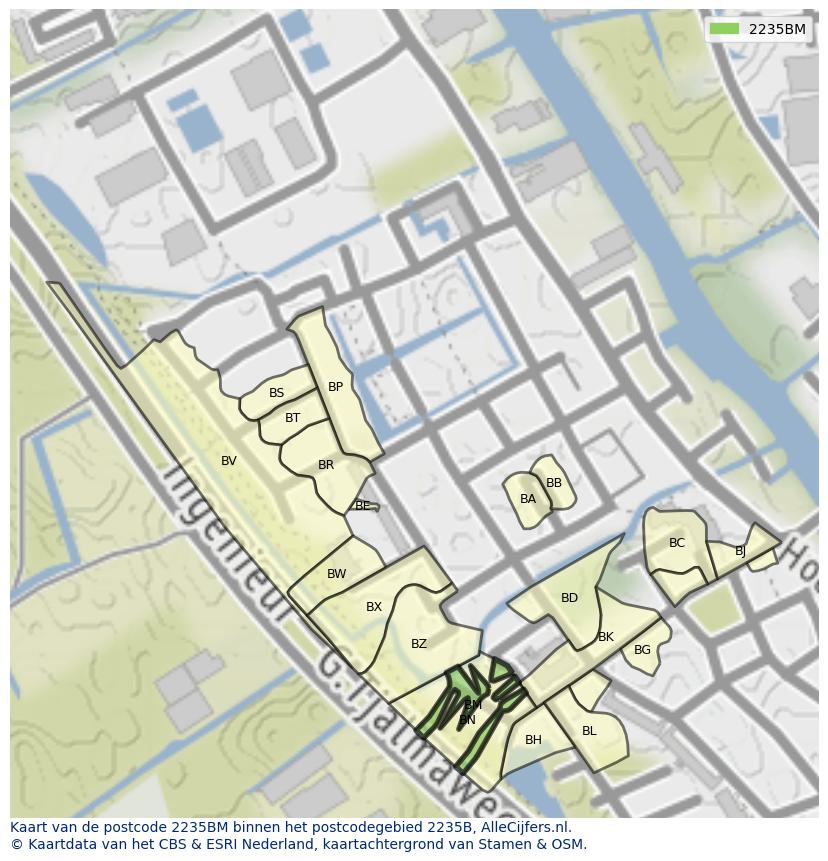 Afbeelding van het postcodegebied 2235 BM op de kaart.