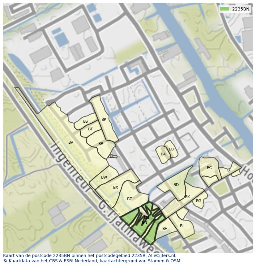 Afbeelding van het postcodegebied 2235 BN op de kaart.