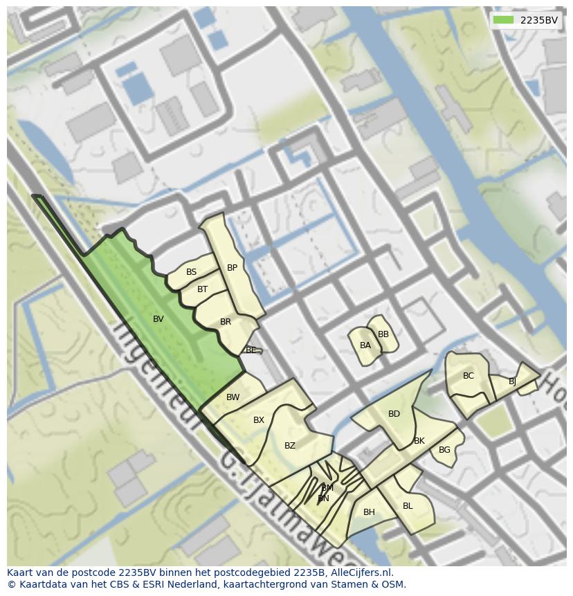 Afbeelding van het postcodegebied 2235 BV op de kaart.