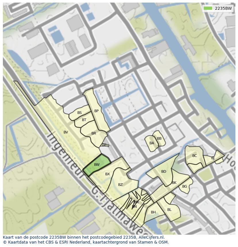 Afbeelding van het postcodegebied 2235 BW op de kaart.