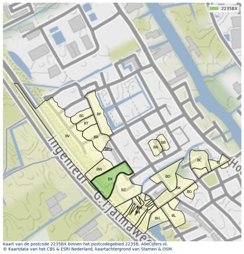 Afbeelding van het postcodegebied 2235 BX op de kaart.