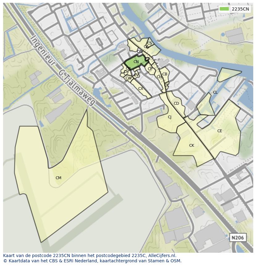 Afbeelding van het postcodegebied 2235 CN op de kaart.