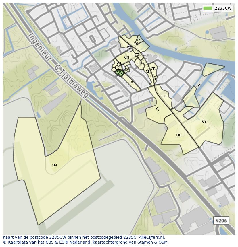Afbeelding van het postcodegebied 2235 CW op de kaart.