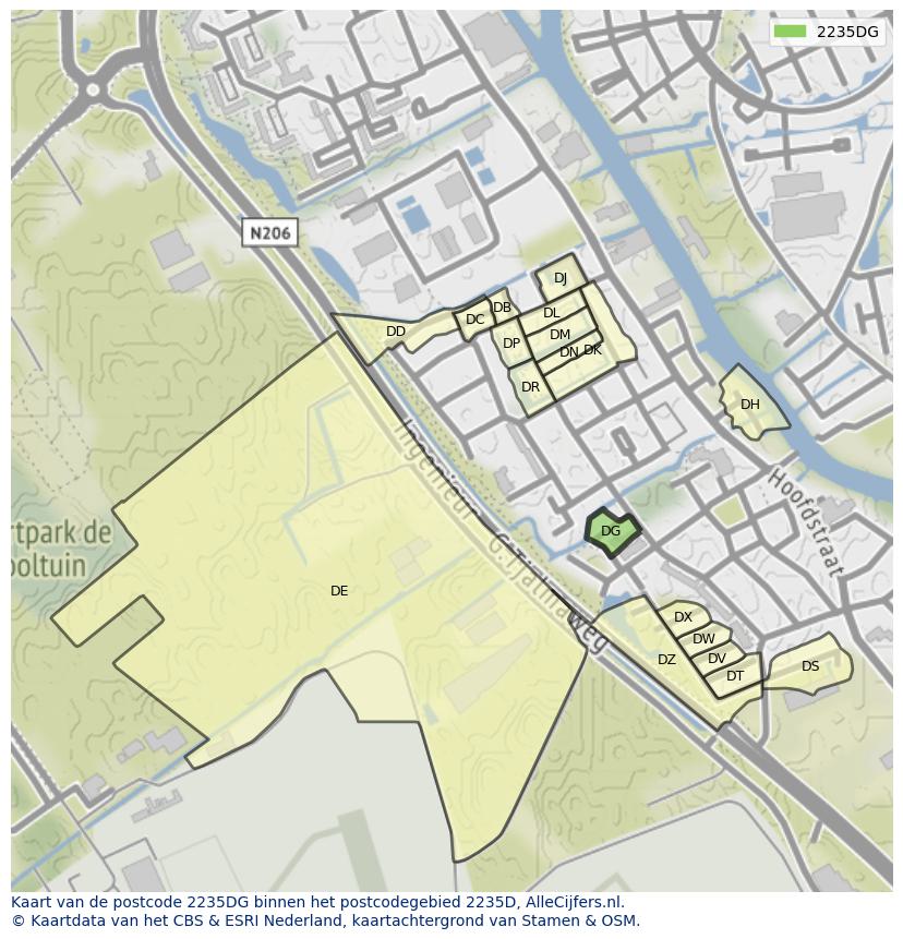 Afbeelding van het postcodegebied 2235 DG op de kaart.