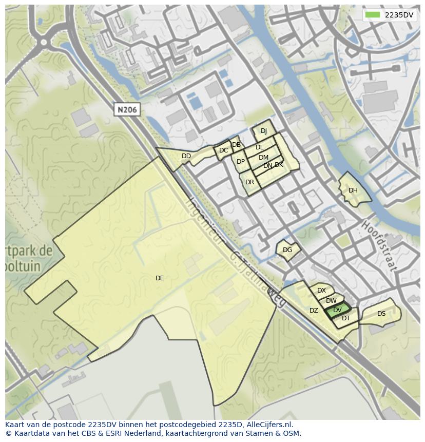 Afbeelding van het postcodegebied 2235 DV op de kaart.