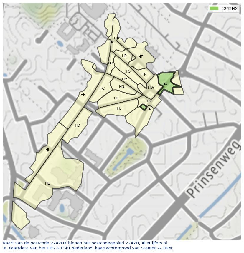 Afbeelding van het postcodegebied 2242 HX op de kaart.
