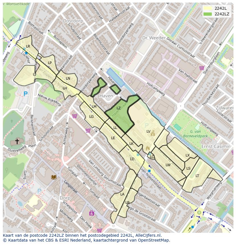 Afbeelding van het postcodegebied 2242 LZ op de kaart.