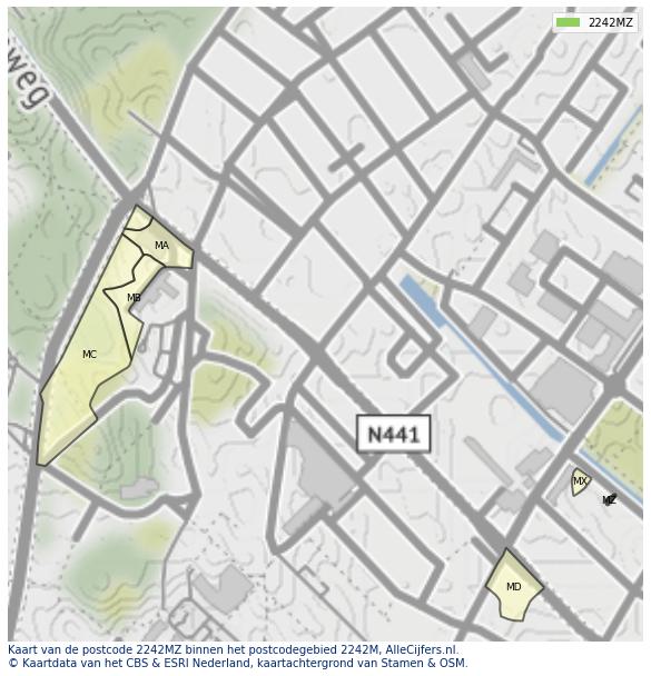 Afbeelding van het postcodegebied 2242 MZ op de kaart.