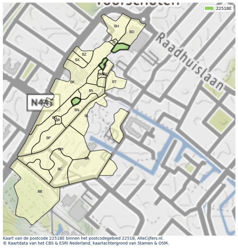 Afbeelding van het postcodegebied 2251 BE op de kaart.
