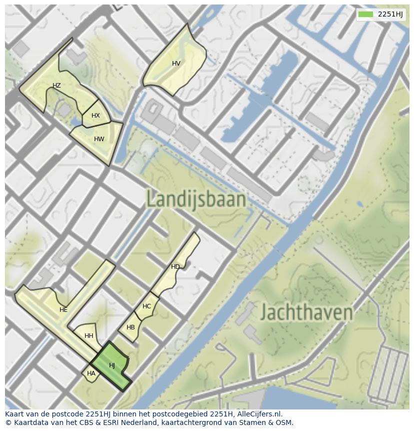 Afbeelding van het postcodegebied 2251 HJ op de kaart.