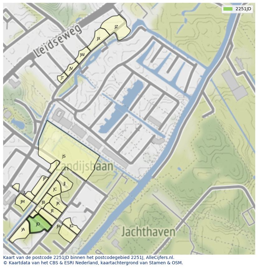 Afbeelding van het postcodegebied 2251 JD op de kaart.