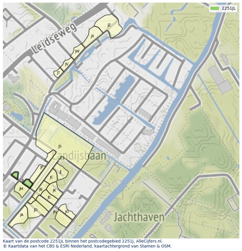 Afbeelding van het postcodegebied 2251 JL op de kaart.