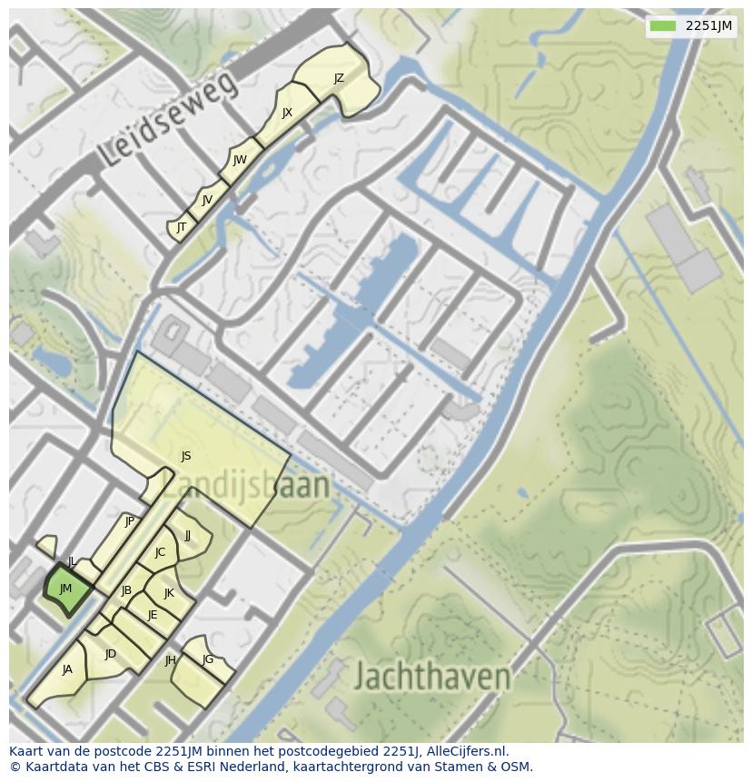 Afbeelding van het postcodegebied 2251 JM op de kaart.