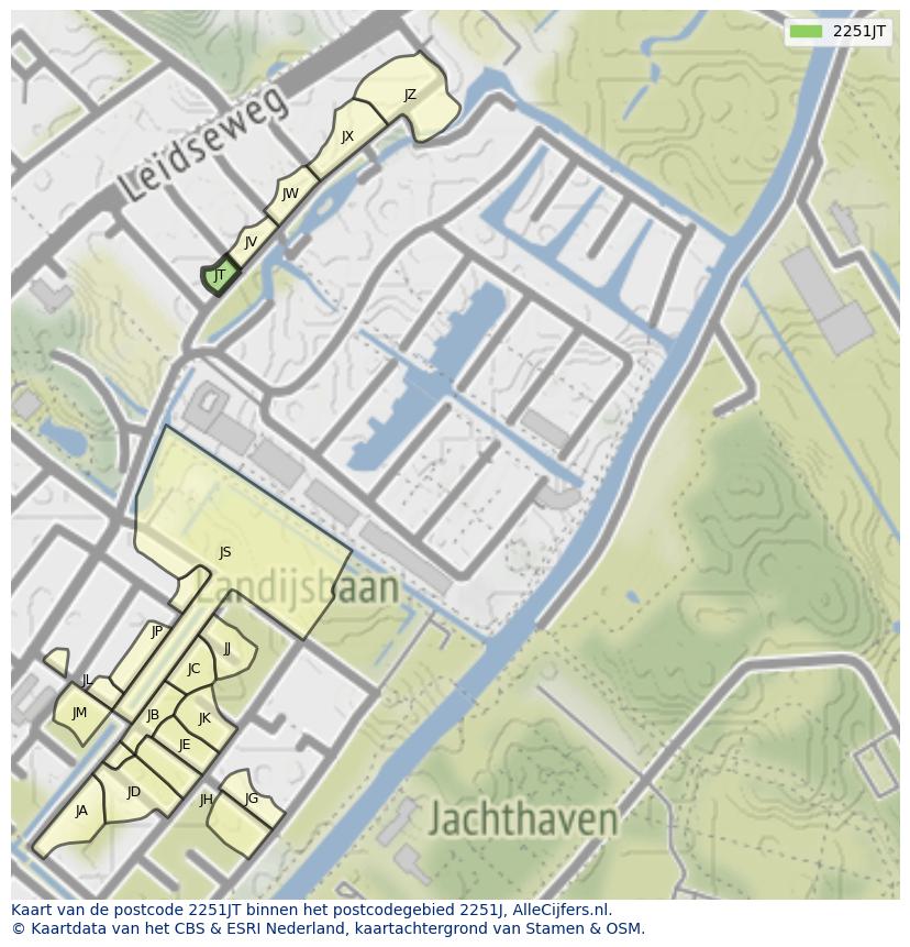 Afbeelding van het postcodegebied 2251 JT op de kaart.
