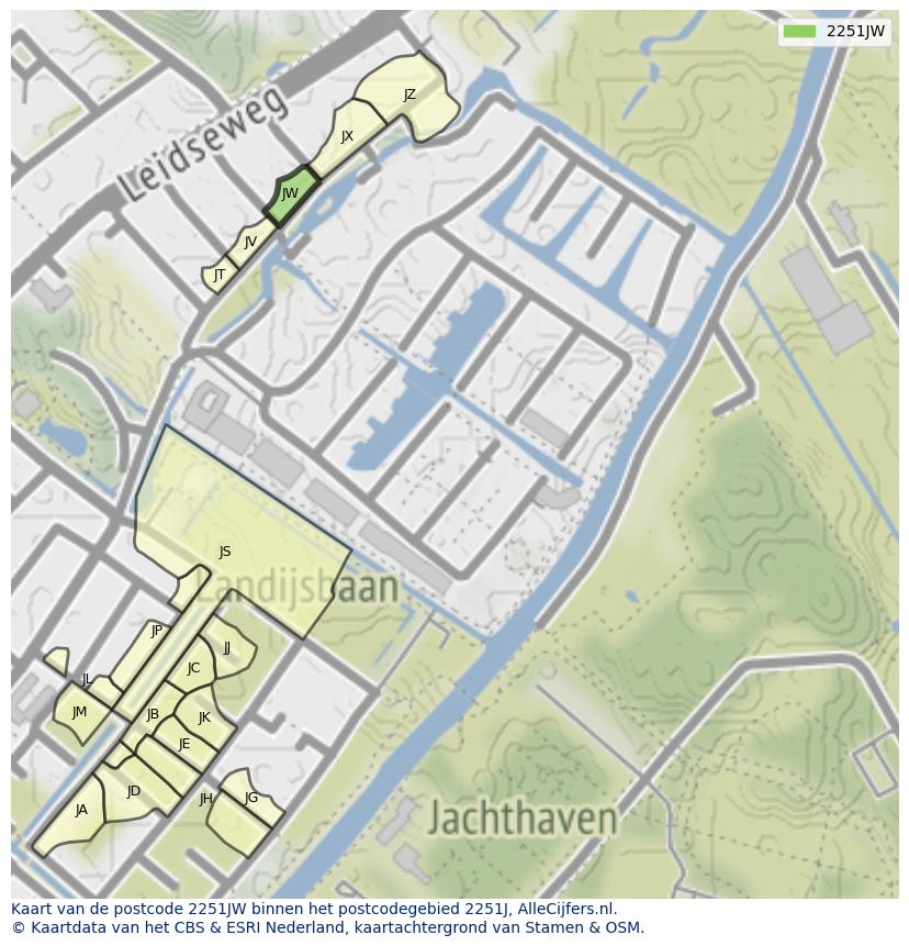 Afbeelding van het postcodegebied 2251 JW op de kaart.