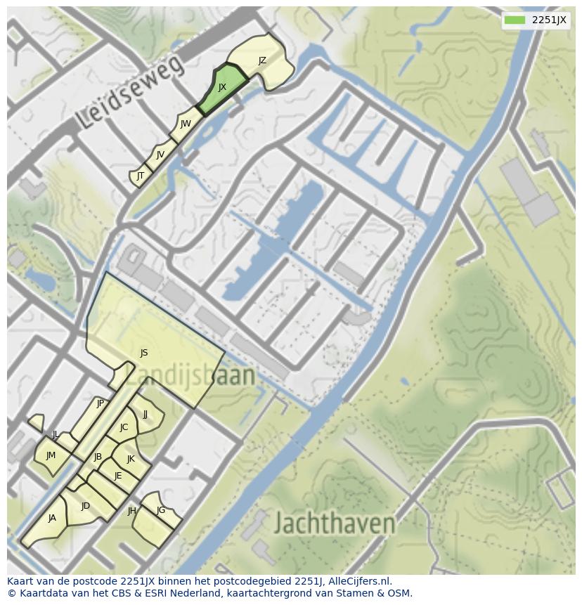 Afbeelding van het postcodegebied 2251 JX op de kaart.