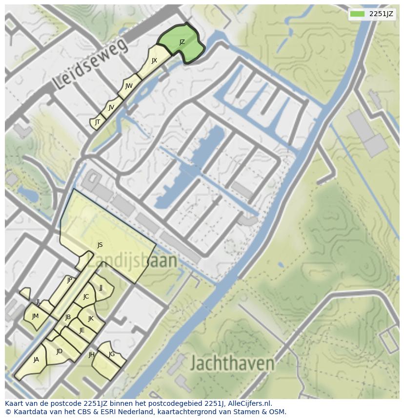 Afbeelding van het postcodegebied 2251 JZ op de kaart.