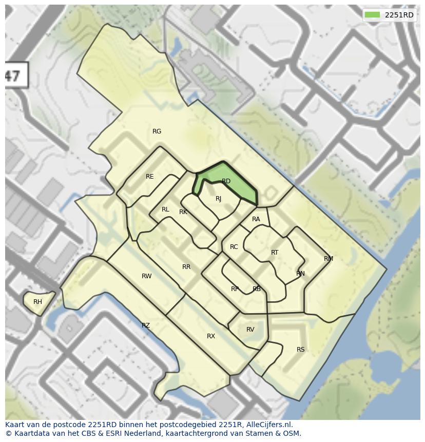 Afbeelding van het postcodegebied 2251 RD op de kaart.