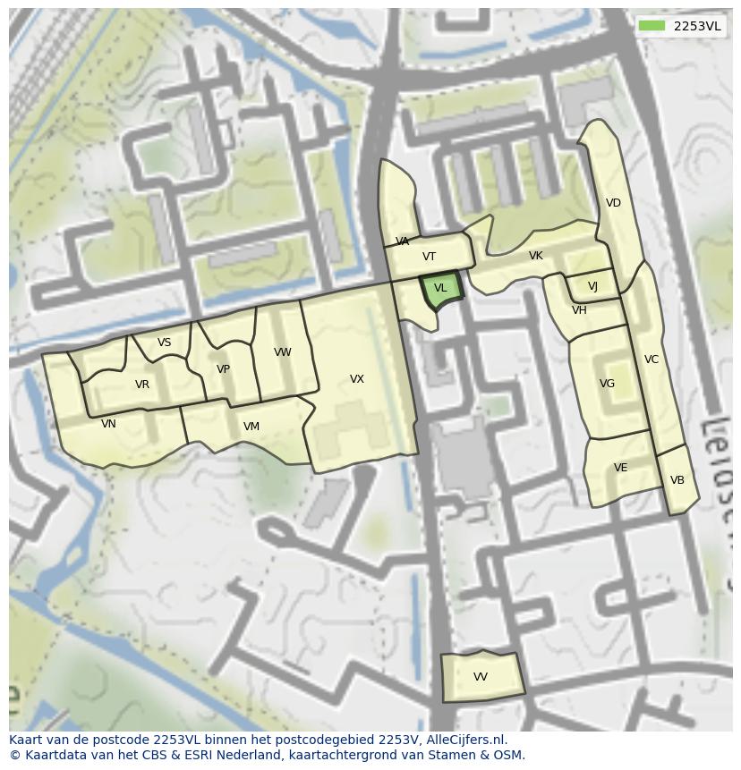 Afbeelding van het postcodegebied 2253 VL op de kaart.