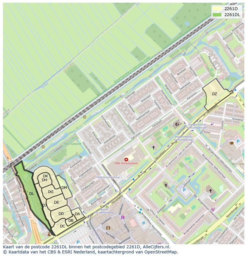 Afbeelding van het postcodegebied 2261 DL op de kaart.