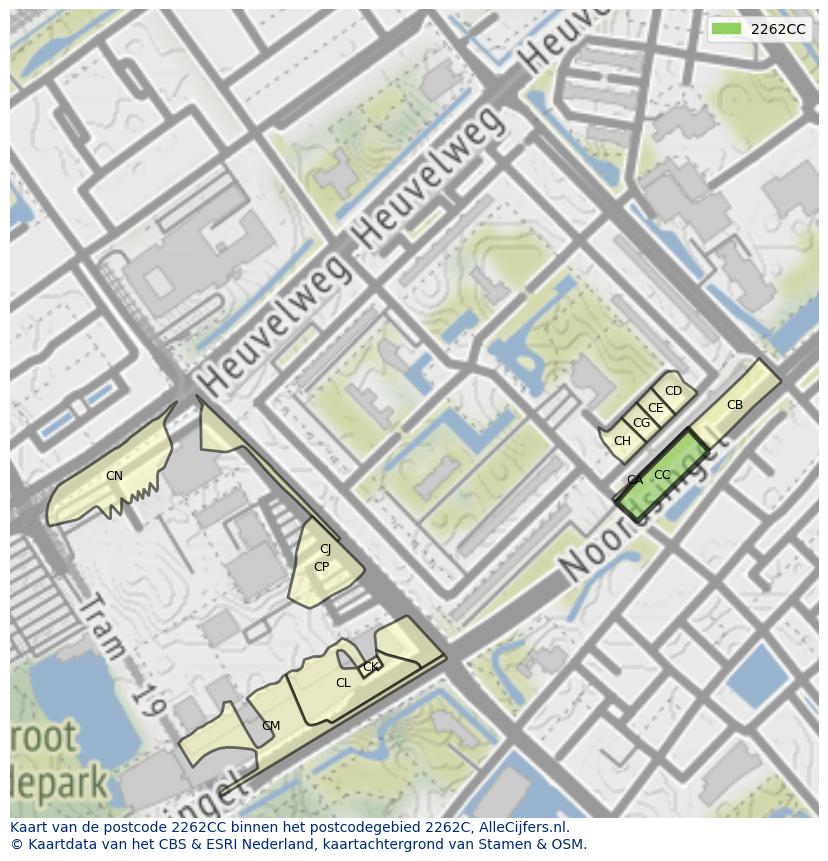 Afbeelding van het postcodegebied 2262 CC op de kaart.