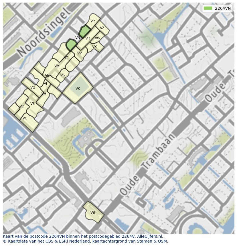 Afbeelding van het postcodegebied 2264 VN op de kaart.