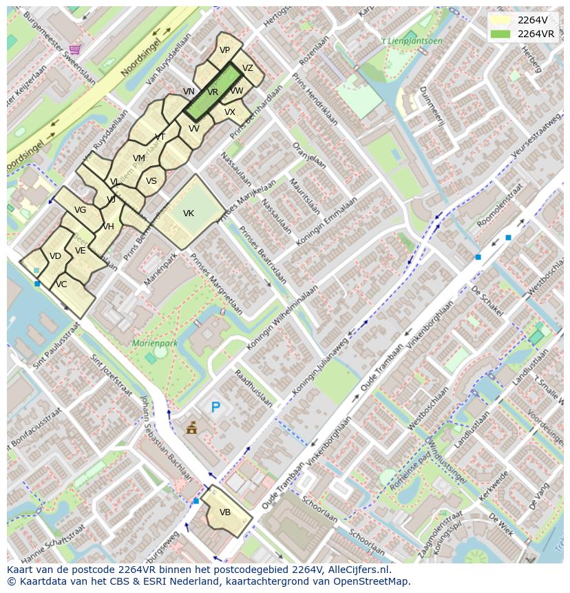 Afbeelding van het postcodegebied 2264 VR op de kaart.