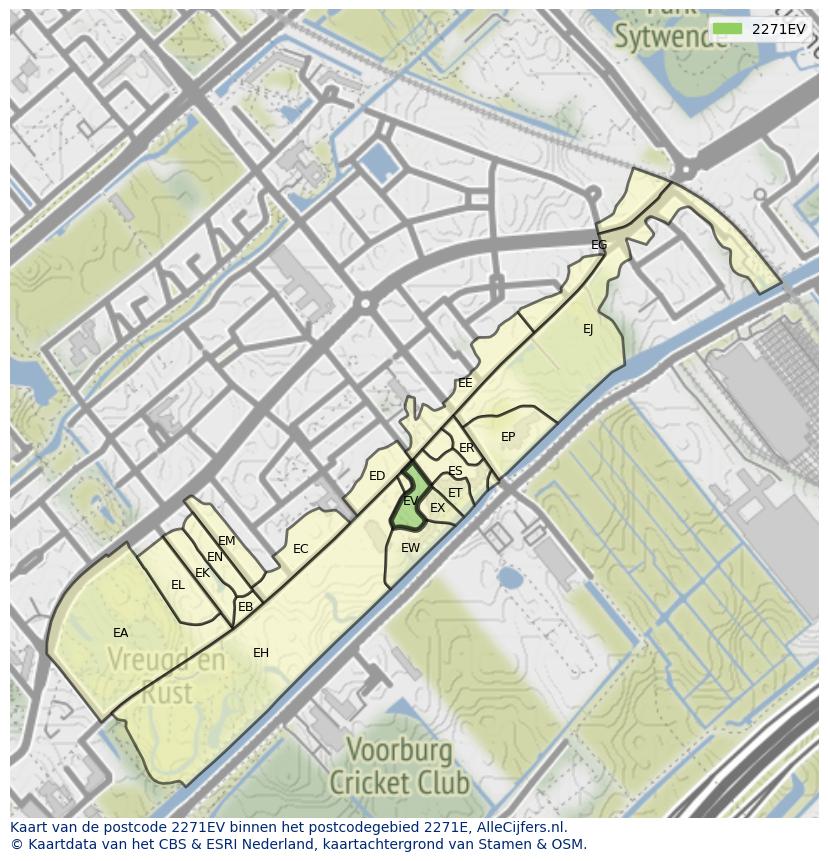 Afbeelding van het postcodegebied 2271 EV op de kaart.