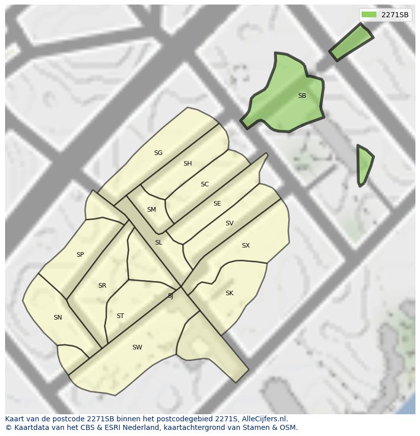 Afbeelding van het postcodegebied 2271 SB op de kaart.
