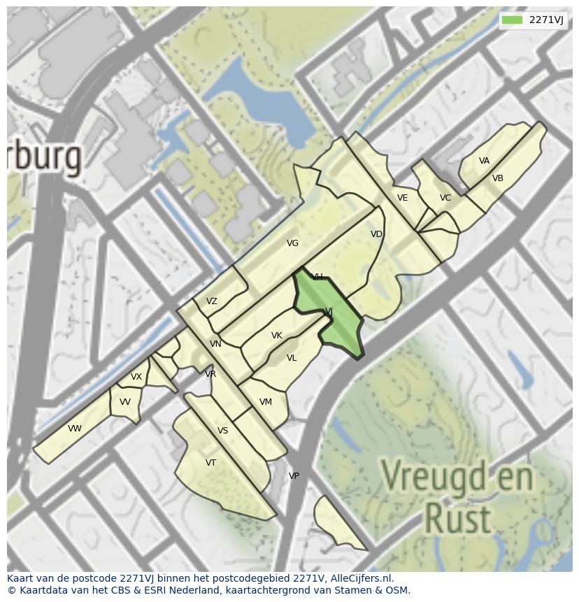Afbeelding van het postcodegebied 2271 VJ op de kaart.