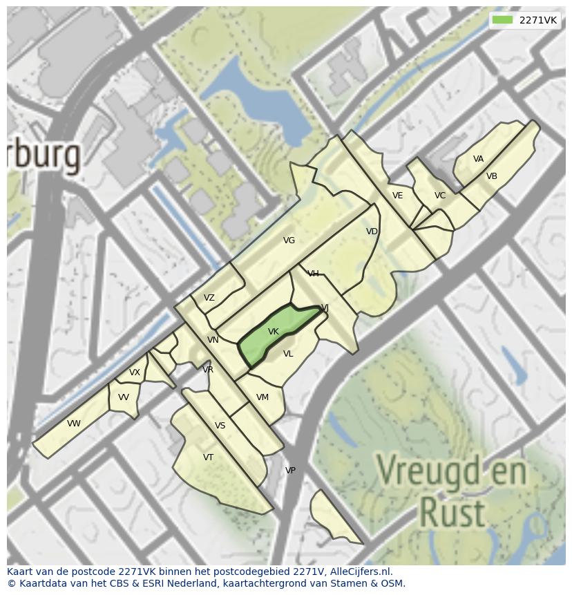 Afbeelding van het postcodegebied 2271 VK op de kaart.
