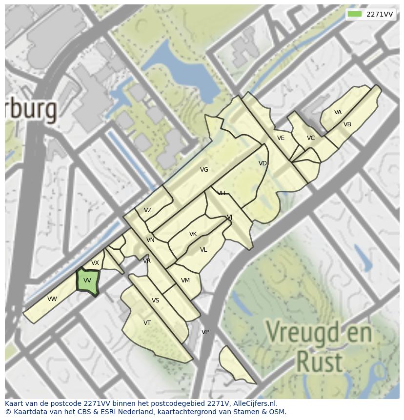 Afbeelding van het postcodegebied 2271 VV op de kaart.