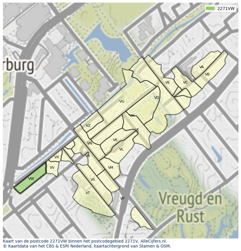 Afbeelding van het postcodegebied 2271 VW op de kaart.