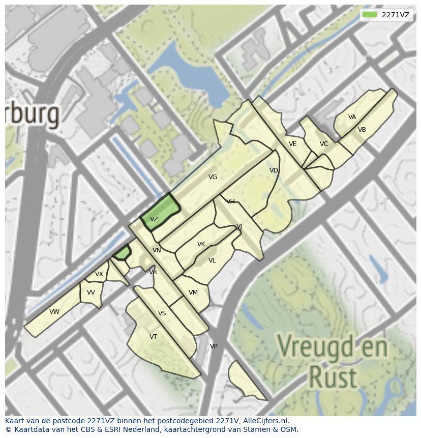Afbeelding van het postcodegebied 2271 VZ op de kaart.