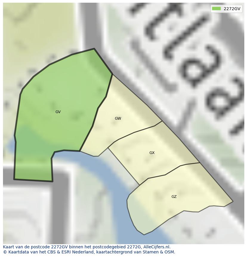 Afbeelding van het postcodegebied 2272 GV op de kaart.