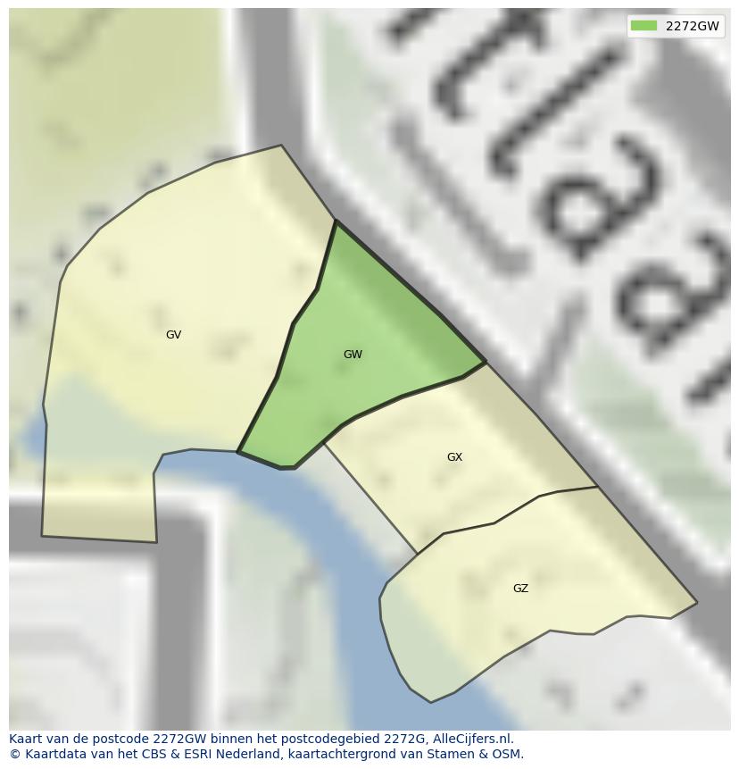 Afbeelding van het postcodegebied 2272 GW op de kaart.