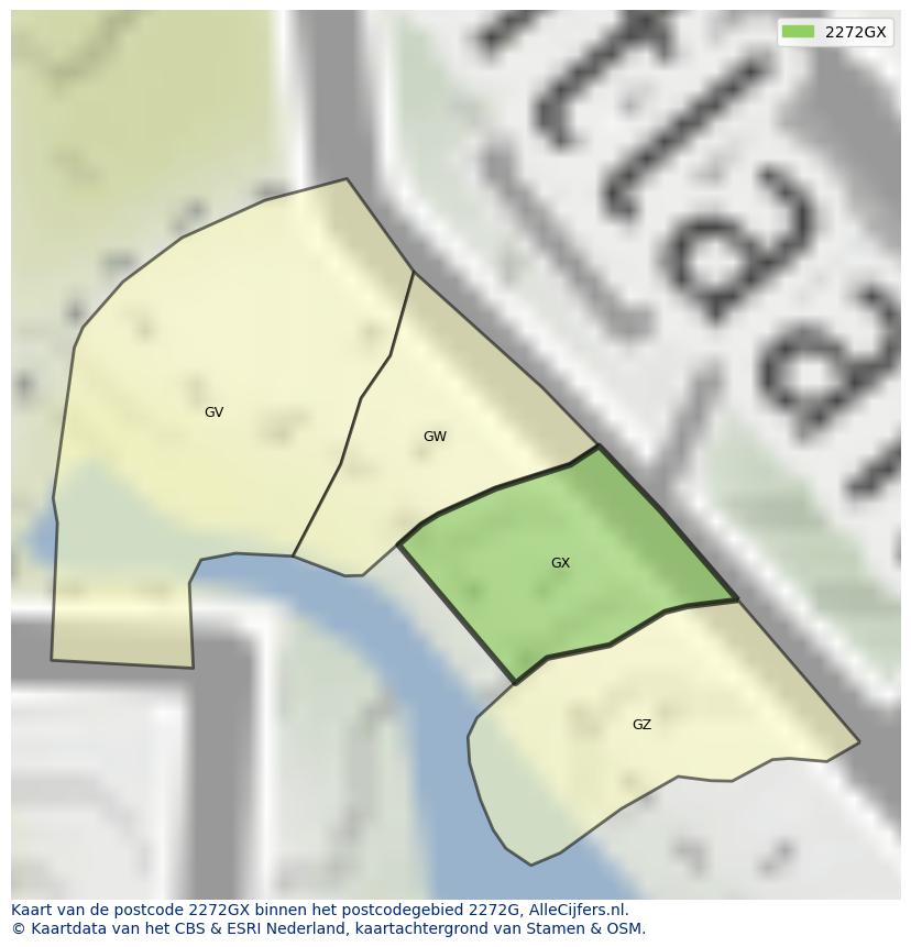 Afbeelding van het postcodegebied 2272 GX op de kaart.
