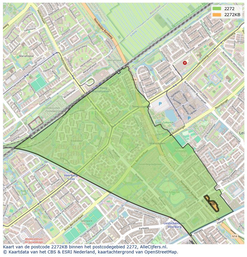 Afbeelding van het postcodegebied 2272 KB op de kaart.