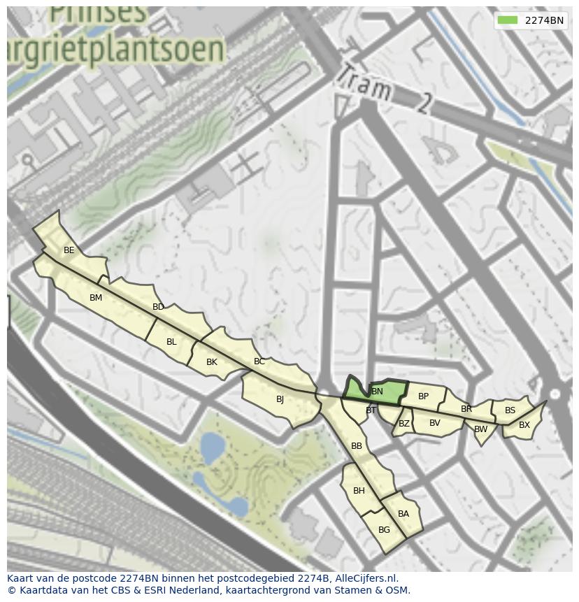 Afbeelding van het postcodegebied 2274 BN op de kaart.