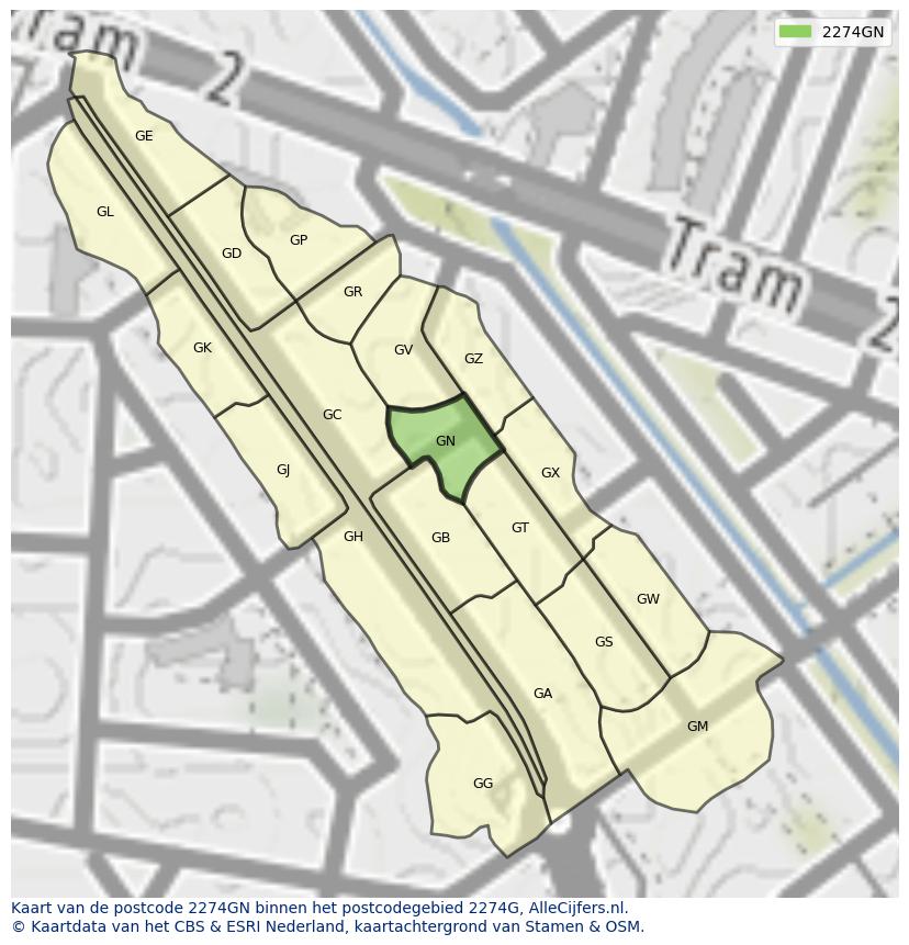 Afbeelding van het postcodegebied 2274 GN op de kaart.