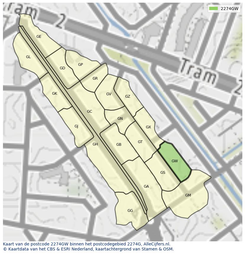 Afbeelding van het postcodegebied 2274 GW op de kaart.