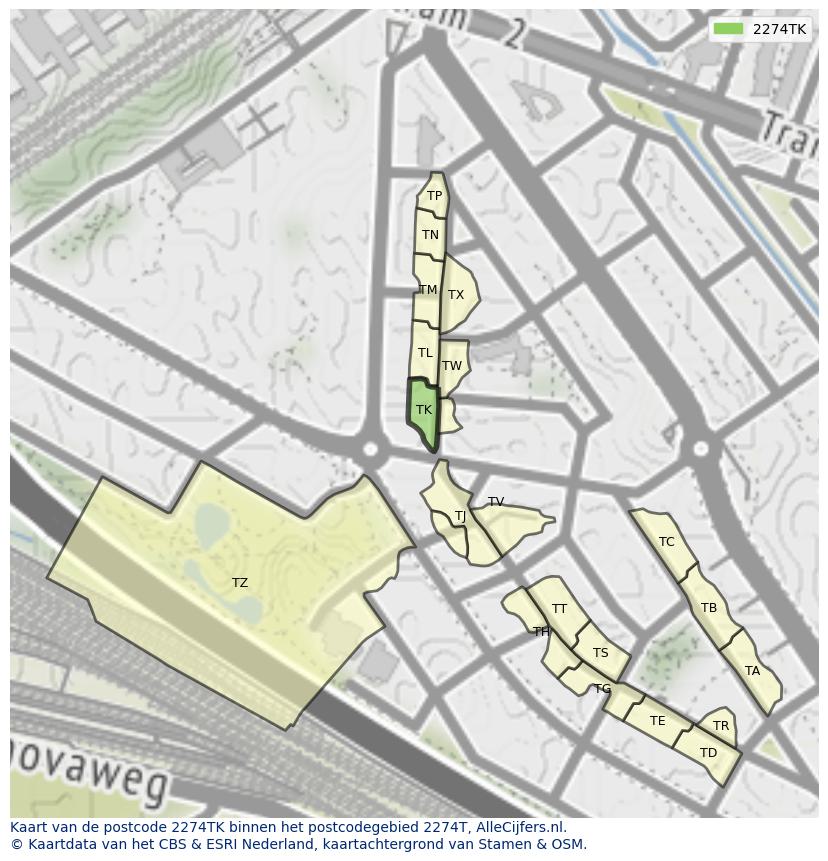 Afbeelding van het postcodegebied 2274 TK op de kaart.