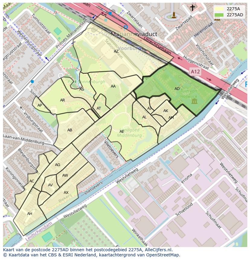 Afbeelding van het postcodegebied 2275 AD op de kaart.
