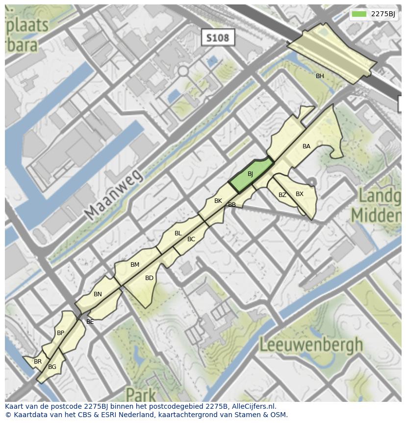 Afbeelding van het postcodegebied 2275 BJ op de kaart.