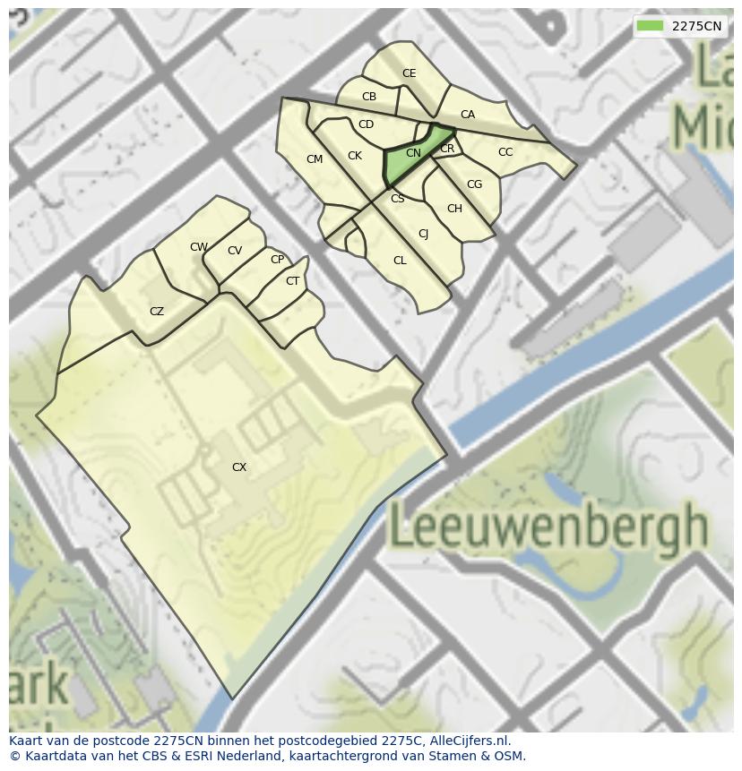 Afbeelding van het postcodegebied 2275 CN op de kaart.