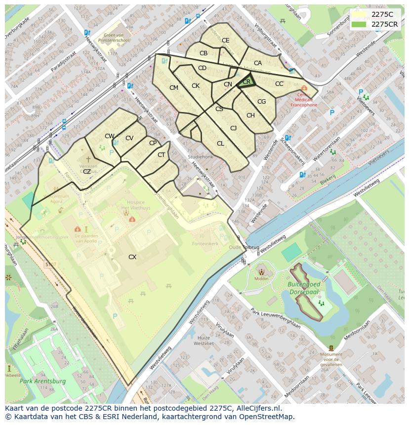 Afbeelding van het postcodegebied 2275 CR op de kaart.