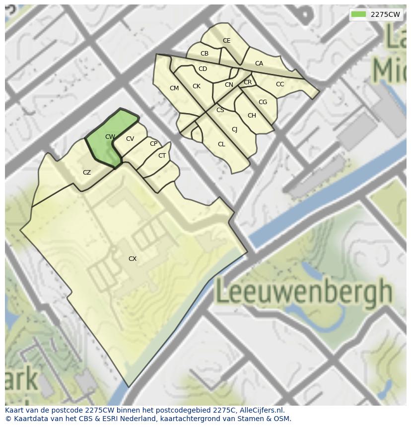 Afbeelding van het postcodegebied 2275 CW op de kaart.