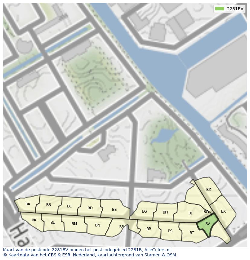 Afbeelding van het postcodegebied 2281 BV op de kaart.